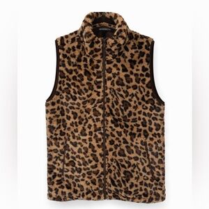 MEROKEETY Leopard Print Faux Fur Vest w/ Pockets | Zip Front | Size L